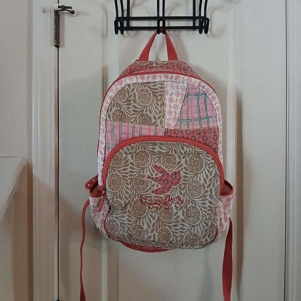 Y2K Vintage Union Bay Pink And Beige Floral Patchwork Bird Backpack Fairy Indie